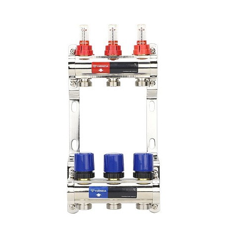 Коллекторная группа из латуни DN 25-3 вых. G-3/4'' евроконус, с расходомерами, без дренажного крана и воздухоотводчика VARMEGA VM15403 купить в Краснодаре | "Проконсим"