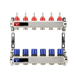  Коллекторная группа из нержавеющей стали DN 25-6 вых. G-3/4'', евроконус, с расходомерами, без дренажного крана и воздухоотводчика, VARMEGA VM15106 (930416004) со склада Проконсим в Краснодаре